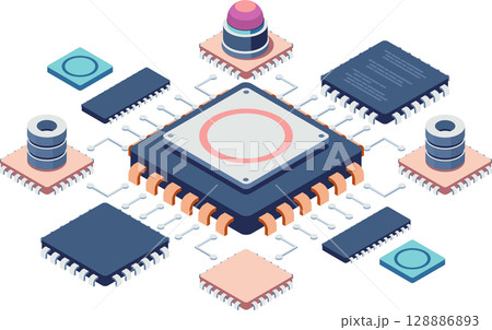 Isometric Semiconductor Chip with Connected Components Isometric Semiconductor Chip with Connected Components 128886893