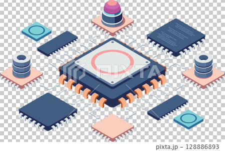 Isometric Semiconductor Chip with Connected Components 128886893