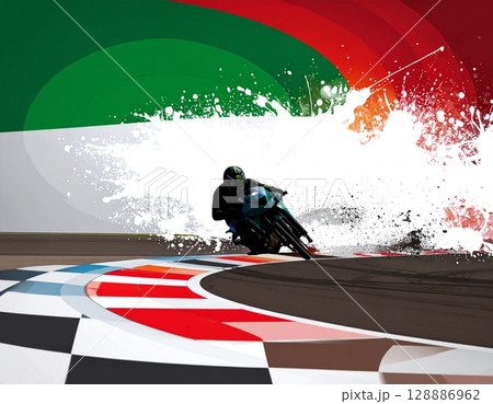 疾走するバイクライダーの後ろ姿とカーブの瞬間の背景画像 128886962