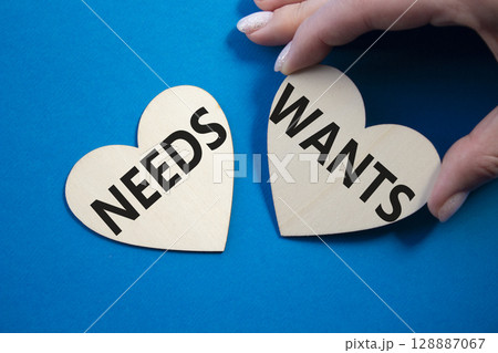Wants and Needs symbol. Concept word Wants and Needs on wooden hearts. Businessman hand. Beautiful blue background. Business and Wants and Needs concept. Copy space 128887067