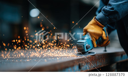Worker uses industrial grinder, creating bright sparks in workshop. scene is dynamic and focused on craftsmanship 128887370