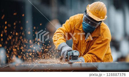 Construction worker in safety gear grinds metal, creating bright sparks. worker wears helmet, goggles, and gloves for protection 128887376