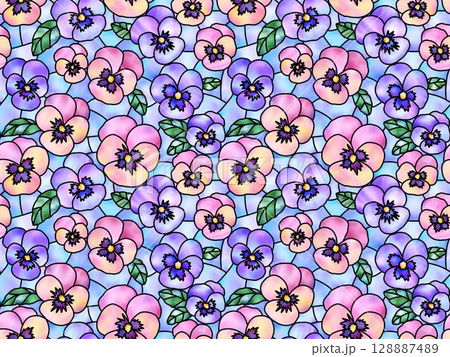 パンジーのステンドグラスのシームレスパターン　A-6' 128887489