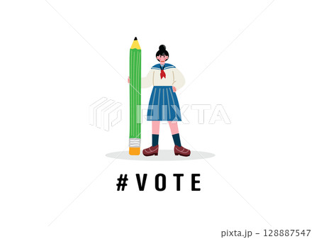 大きな鉛筆を持つ女子高生 128887547