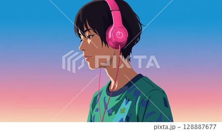 夕焼けと音楽！感傷に浸るヘッドホン姿の青年 128887677