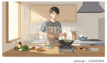 男の料理!キッチンで腕を振るう男性の横顔 男の料理!キッチンで腕を振るう男性の横顔 128887684