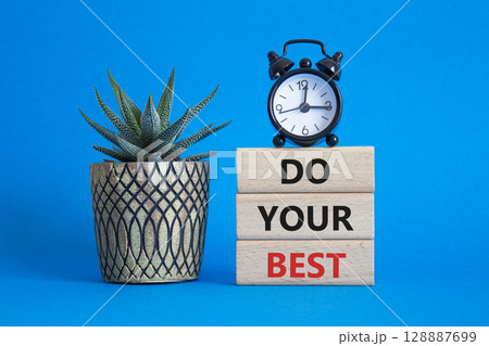 Do your Best symbol. Concept words Do your Best on wooden blocks. Beautiful blue background with succulent plant and alarm clock. Business and Do your Best concept. Copy space. Do your Best symbol. Concept words Do your Best on wooden blocks. Beautiful blue background with succulent plant and alarm clock. Business and Do your Best concept. Copy space. 128887699