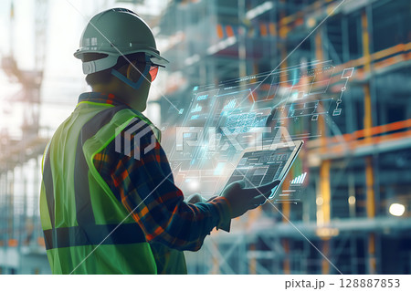 スマート技術が導入された都市型建設現場 スマート技術が導入された都市型建設現場 128887853