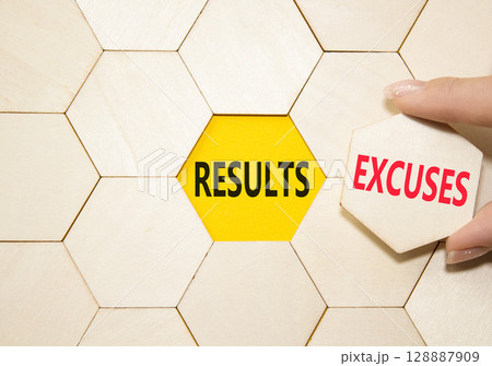 Results or Excuses symbol. Concept word Results or Excuses on wooden comb puzzle. Businessman hand. Beautiful yellow background. Business and Results or Excuses concept. Copy space 128887909