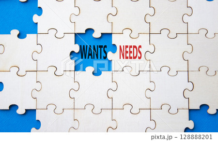 Wants and Needs symbol. Concept word Wants and Needs on wooden blocks. Beautiful blue background. Business and Wants and Needs concept. Copy space 128888201