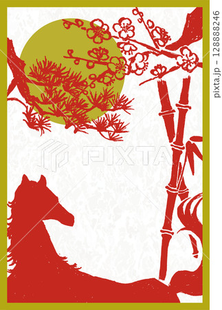 2026年　午年　年賀状用はがきテンプレート　干支の馬の筆手書きイラスト 128888246