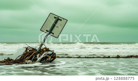 Damaged road sign pole tilted in ocean waves with seaweed debris during stormy weather at coastal shoreline 128888775