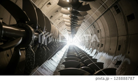 Industrial tunnel boring machine cutting head with rotating disc cutters inside circular concrete lined underground passage with bright light at end Industrial tunnel boring machine cutting head with rotating disc cutters inside circular concrete lined underground passage with bright light at end 128888787