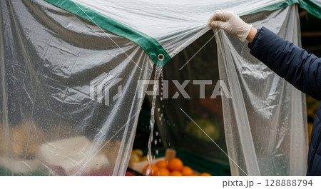 Person wearing latex gloves collecting rainwater from clear plastic tarp with green border during outdoor water harvesting activity 128888794