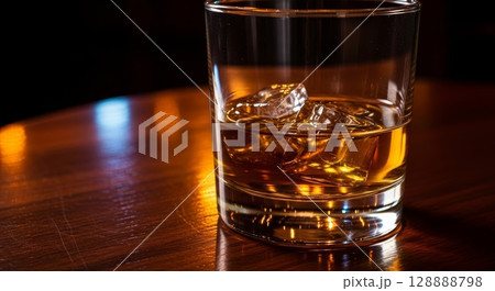 Premium whiskey glass with ice cubes on wooden bar counter with warm ambient lighting and blurred background bokeh 128888798