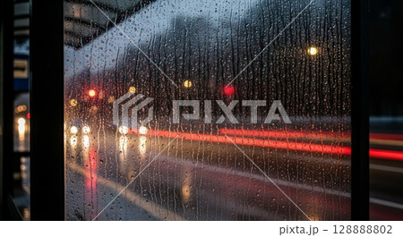 Rain-soaked glass window with colorful bokeh lights and water droplets streaming down surface during evening storm 128888802