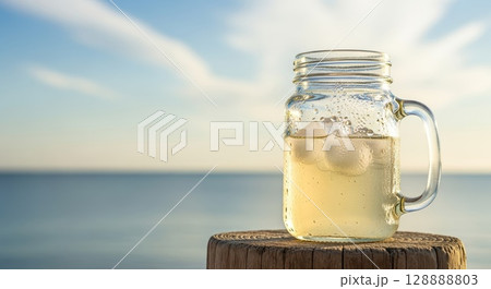 Refreshing golden lemonade drink with condensation droplets in glass mason jar mug on weathered wooden post against blurred ocean beach background 128888803