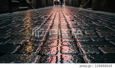Wet cobblestone street surface with colorful light reflections from neon signs creating vibrant patterns on old European city pavement at night 128888826