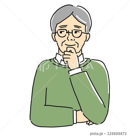 手を顎に当てて考えるシニア男性のイラスト 手を顎に当てて考えるシニア男性のイラスト 128888872