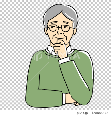 手を顎に当てて考えるシニア男性のイラスト 手を顎に当てて考えるシニア男性のイラスト 128888872