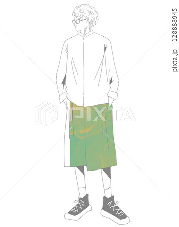 メガネをかけた若い男性：全身ファッションスケッチ 128888945