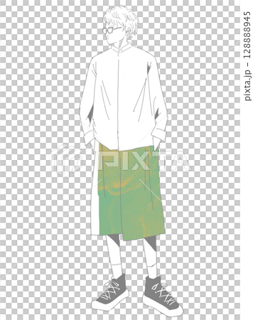 Young man with glasses: full body fashion sketch 128888945