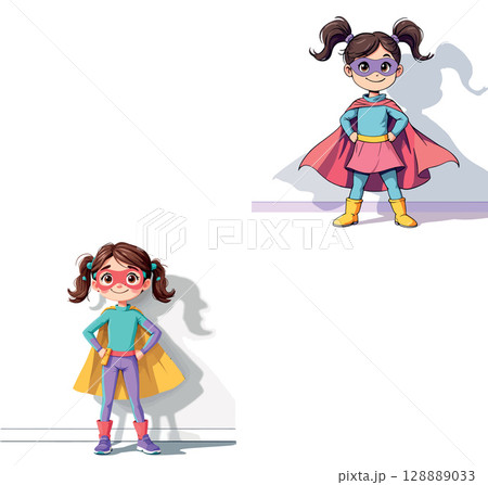 Vsai two girls wearing superhero costumes and posing confidently 128889033
