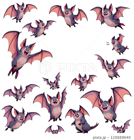 Vsai happy cartoon bats flying and smiling, forming a frame 128889040