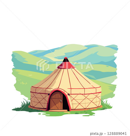 Vsai traditional yurt in the picturesque green valley surrounded by rolling hills Vsai traditional yurt in the picturesque green valley surrounded by rolling hills 128889041