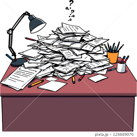 Vsai huge pile of paperwork creating confusion and stress on office desk 128889070