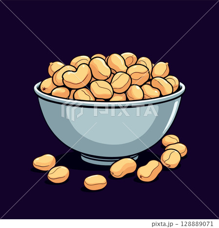 Vsai bowl overflowing with roasted soybeans on dark background 128889071