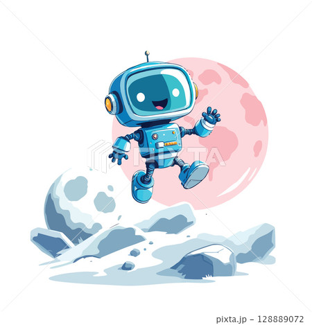 Vsai happy robot walking on alien planet with pink moon 128889072