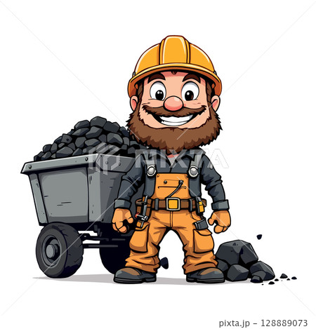 Vsai smiling coal miner standing next to mining cart full of coal 128889073