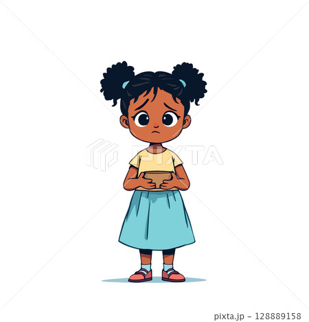 Vsai sad little girl holding an empty cardboard box, poverty and hunger concept 128889158