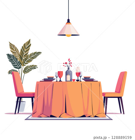 Vsai romantic dinner table setting for two under hanging lamp 128889159