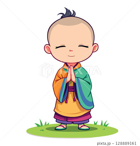 Vsai young buddhist monk praying with hands joined in traditional robe 128889161