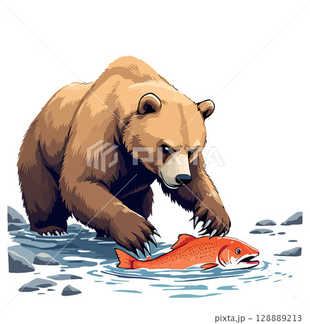 Vsai brown bear catching salmon in river 128889213