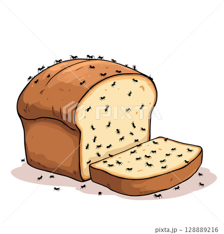 Vsai ants are crawling on a slice of bread, food waste and hygiene issues Vsai ants are crawling on a slice of bread, food waste and hygiene issues 128889216