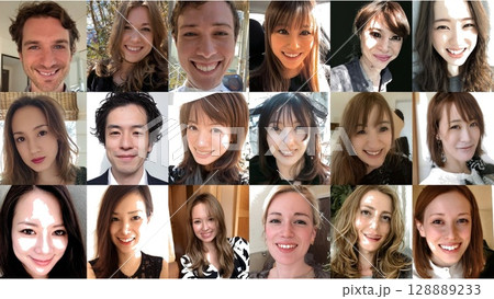 自然な笑顔の男女、自撮り風ポートレート集合素材 自然な笑顔の男女、自撮り風ポートレート集合素材 128889233