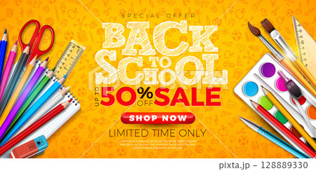 Back to School Sale Banner Design with Hand Drawn Typography Lettering, Colorful Pencil, Brush and School Items on Yellow Doodles Background. Vector Business Concept Illustration with Special Offer 128889330