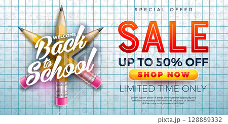 Back to School Sale Banner Design with Graphite Pencil and Typography Lettering on Checkered Notebook Hand Drawn Doodles Background. Vector Business Concept Illustration with Special Offer Text Back to School Sale Banner Design with Graphite Pencil and Typography Lettering on Checkered Notebook Hand Drawn Doodles Background. Vector Business Concept Illustration with Special Offer Text 128889332