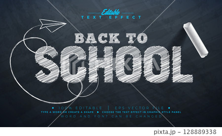Back to School Editable Chalk Drawing Illustrator Text Effect Design Vector Graphic Style Effect with Customizable Hand Drawn Font on Black Chalkboard Background. Premium Typography Lettering 128889338