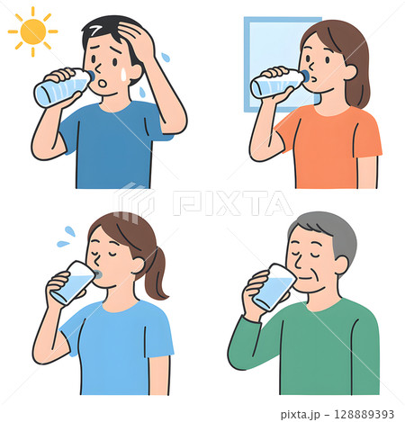 熱中症対策・水分補給をする人のイラストセット 128889393