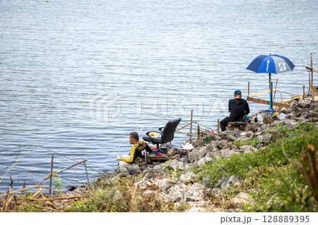 The fishing enthusiasts in Bang Phra Reservoir Chon buri,Thailand, The fishing enthusiasts in Bang Phra Reservoir Chon buri,Thailand, 128889395