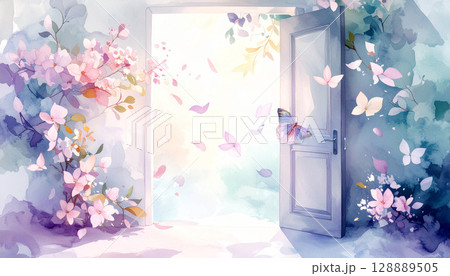 開いた扉から蝶と花びらが舞い込み優しい光があふれる幻想的な春の風景 128889505