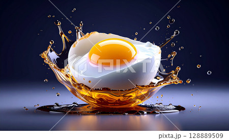 半熟の目玉焼きが飛び散る液体に包まれた瞬間を捉えたダイナミックな表現 半熟の目玉焼きが飛び散る液体に包まれた瞬間を捉えたダイナミックな表現 128889509