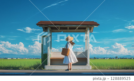 田舎のバス停で佇む女性田舎のバス停で佇む女の後ろ姿 ― 夏の郷愁と静けさを感じるノスタルジックな風景 128889525