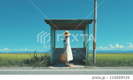 田舎のバス停で佇む女性田舎のバス停で佇む女の後ろ姿 ― 夏の郷愁と静けさを感じるノスタルジックな風景 128889526