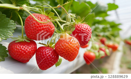 Fresh ripe strawberries growing on vines in sunlit greenhouse 128889629