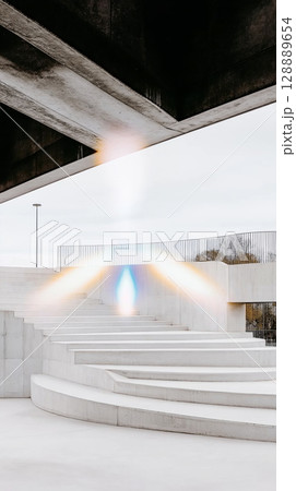 Modern architectural design with concrete structures and colorful lighting in urban setting 128889654